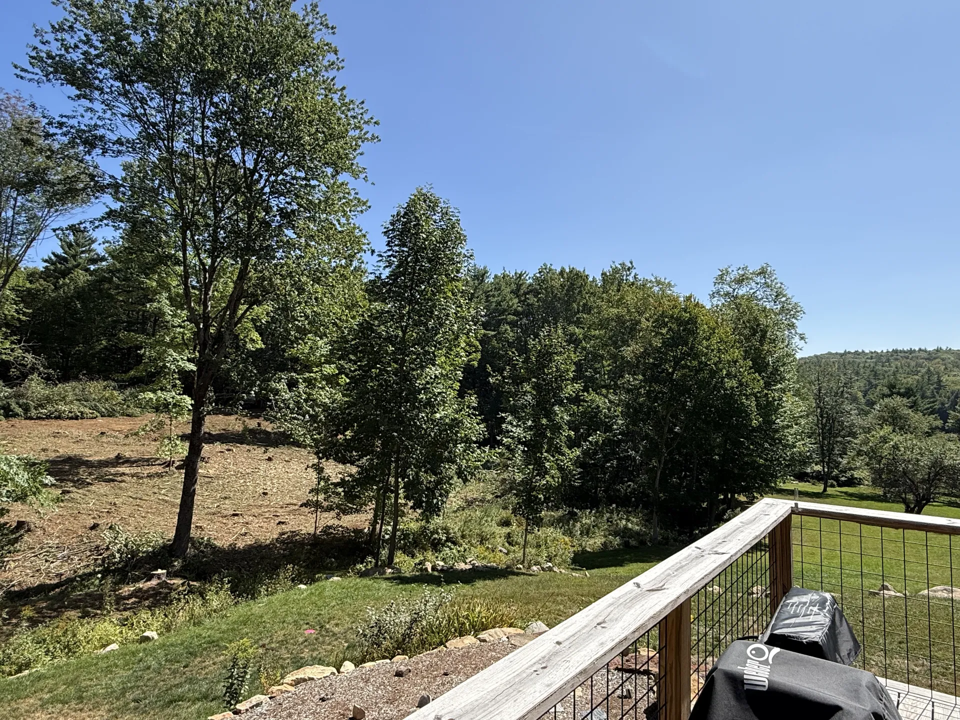 View from a deck over a yard expansion area cleared of trees and brush